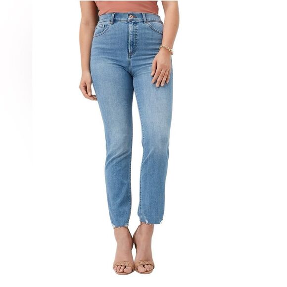 Express Super High Waisted Light Wash Raw Hem Slim Jeans Size 10 Short - Picture 2 of 16